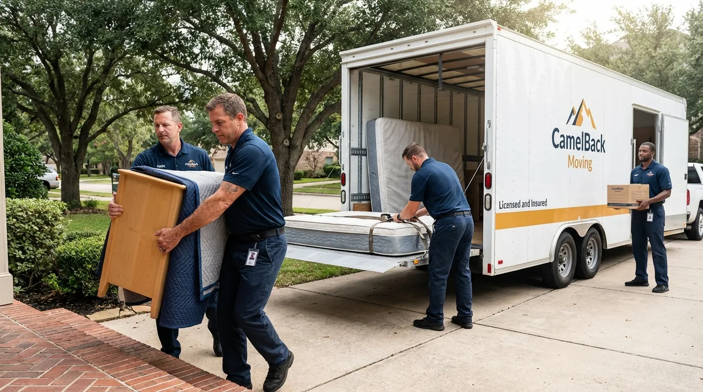Crew loading residential truck for cross-state move from Tipton, CA