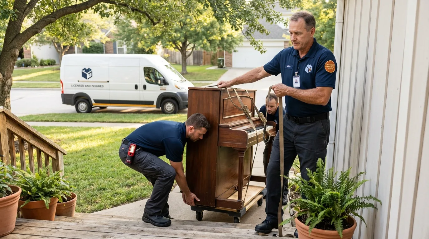 Licensed piano movers securing grand piano in Tipton, CA